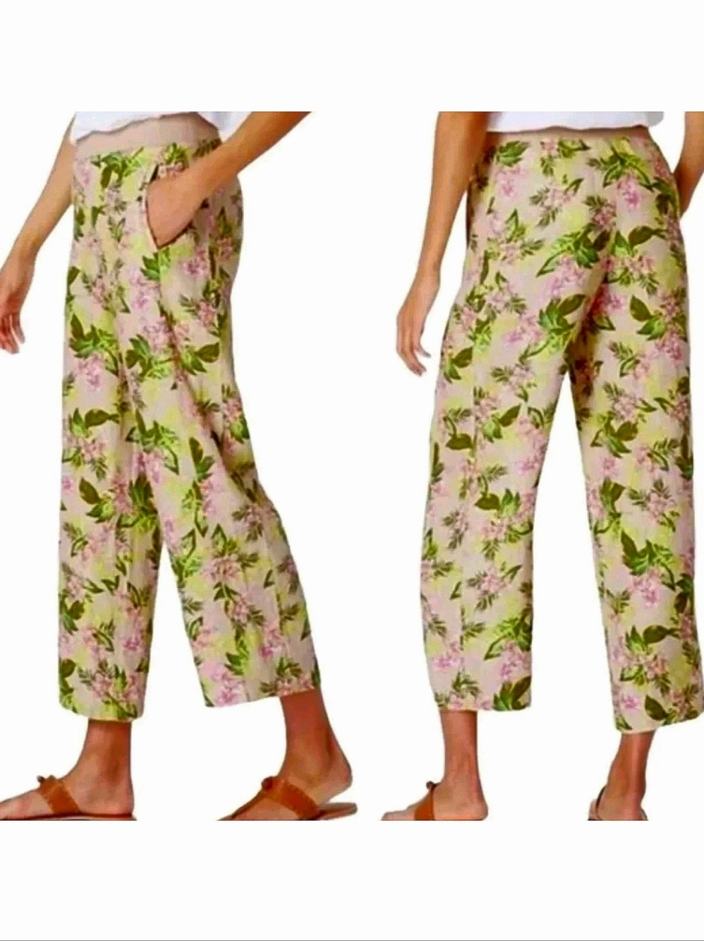 J. Jill Love Linen Orchid Spring Pull-on Linen Pant Floral Khaki Sz Lg LIKE NEW